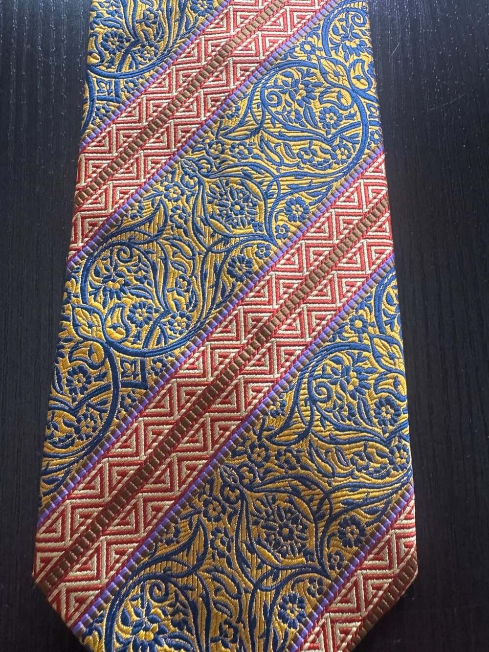 Gianni Versace Silk Necktie Yellow Blue Red Baroque Striped